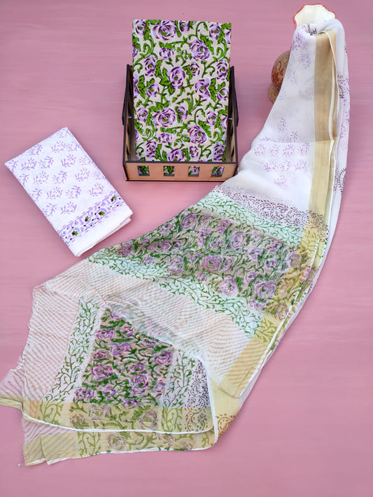 Hand Block Printed Unstitched Cotton Suit Set With Chiffon Dupatta - JB616