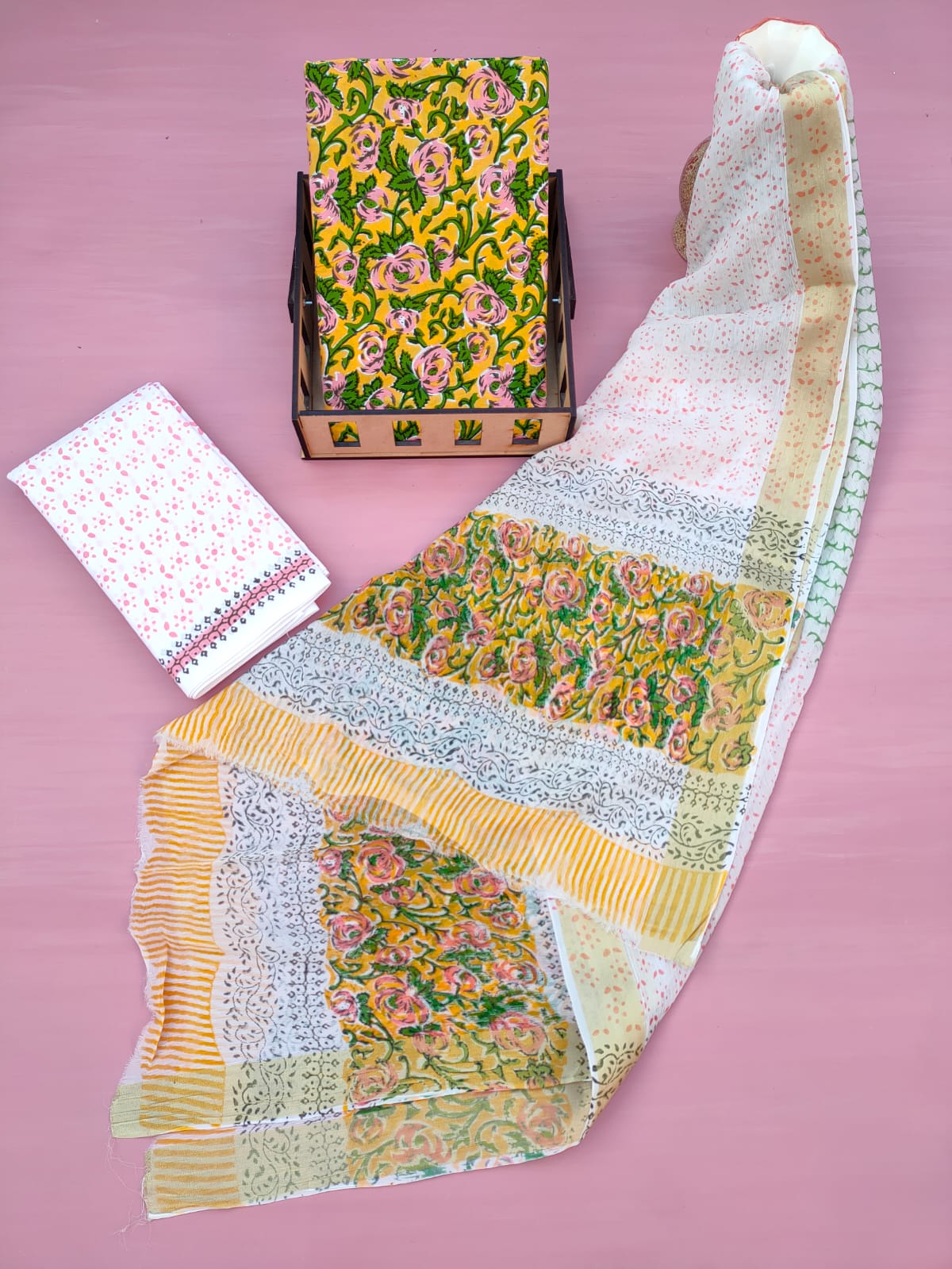 Jaipuri Hand Block Printed CottonUnstitched Salwar Suit with Chiffon Dupatta - JB617