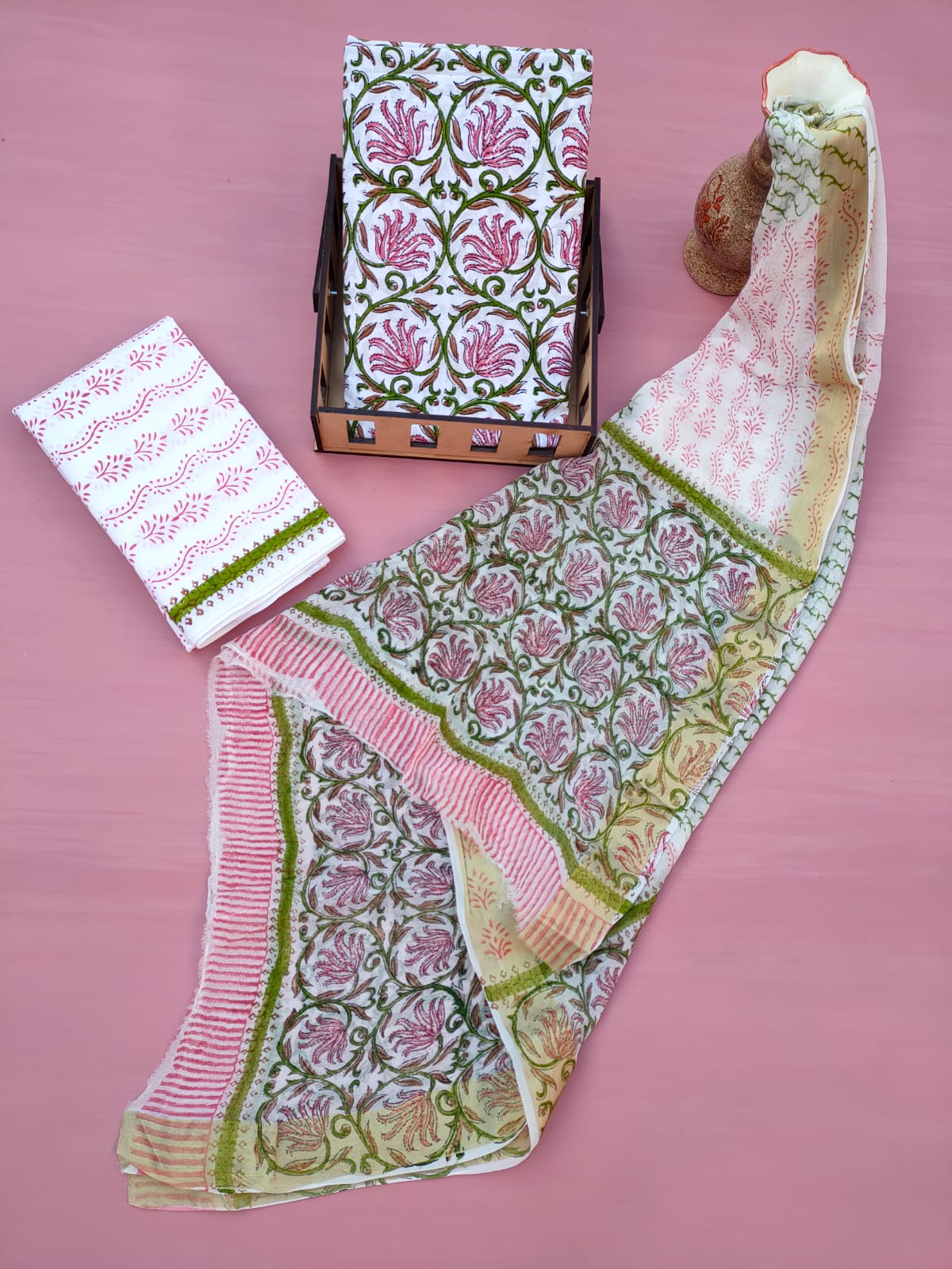 Jaipuri Unstitched Dress Material Hand Block Printed Cotton Suit With Chiffon Dupatta - JB618