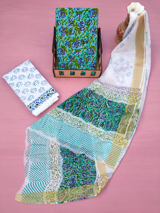 Hand Block Printed Unstitched Cotton Suit Set With Chiffon Dupatta - JB619