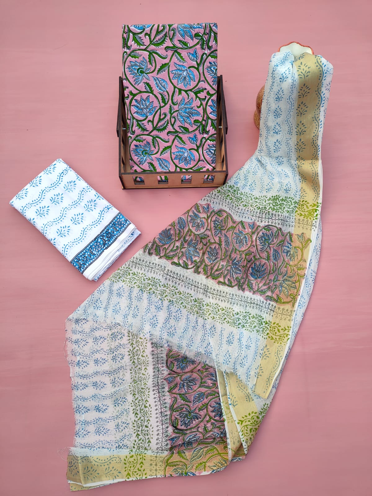 Jaipuri Hand Block Printed CottonUnstitched Salwar Suit with Chiffon Dupatta - JB602