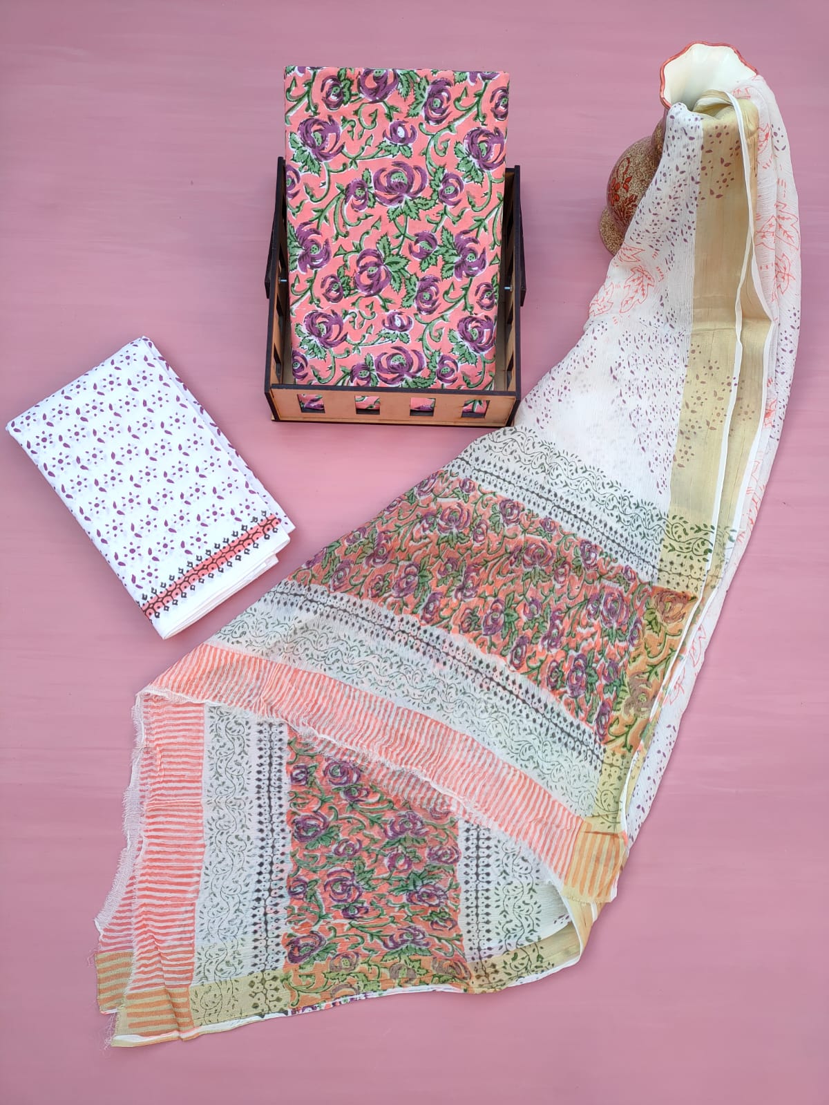 Jaipuri Hand Block Printed CottonUnstitched Salwar Suit with Chiffon Dupatta - JB620