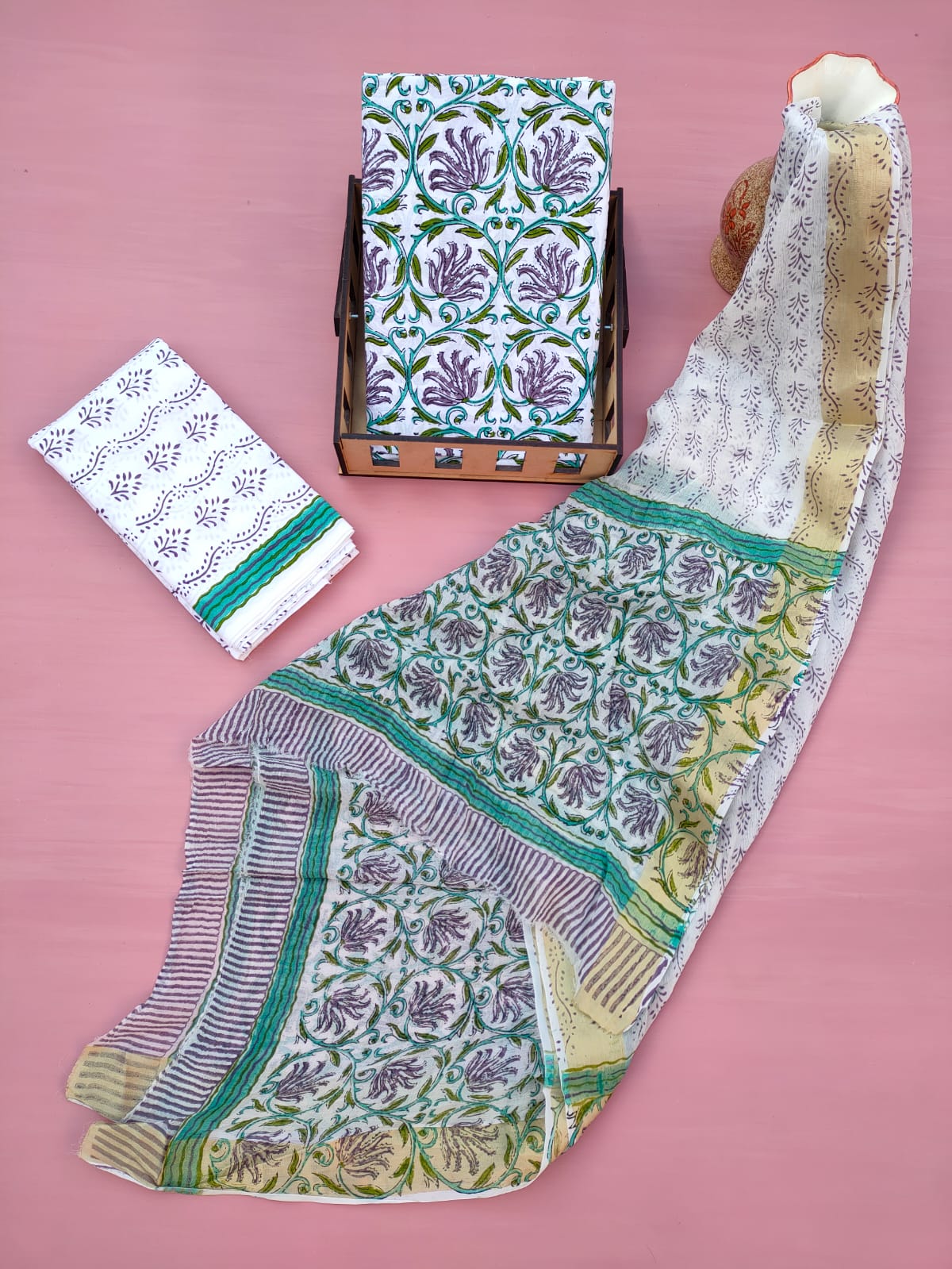 Jaipuri Unstitched Dress Material Hand Block Printed Cotton Suit With Chiffon Dupatta - JB621