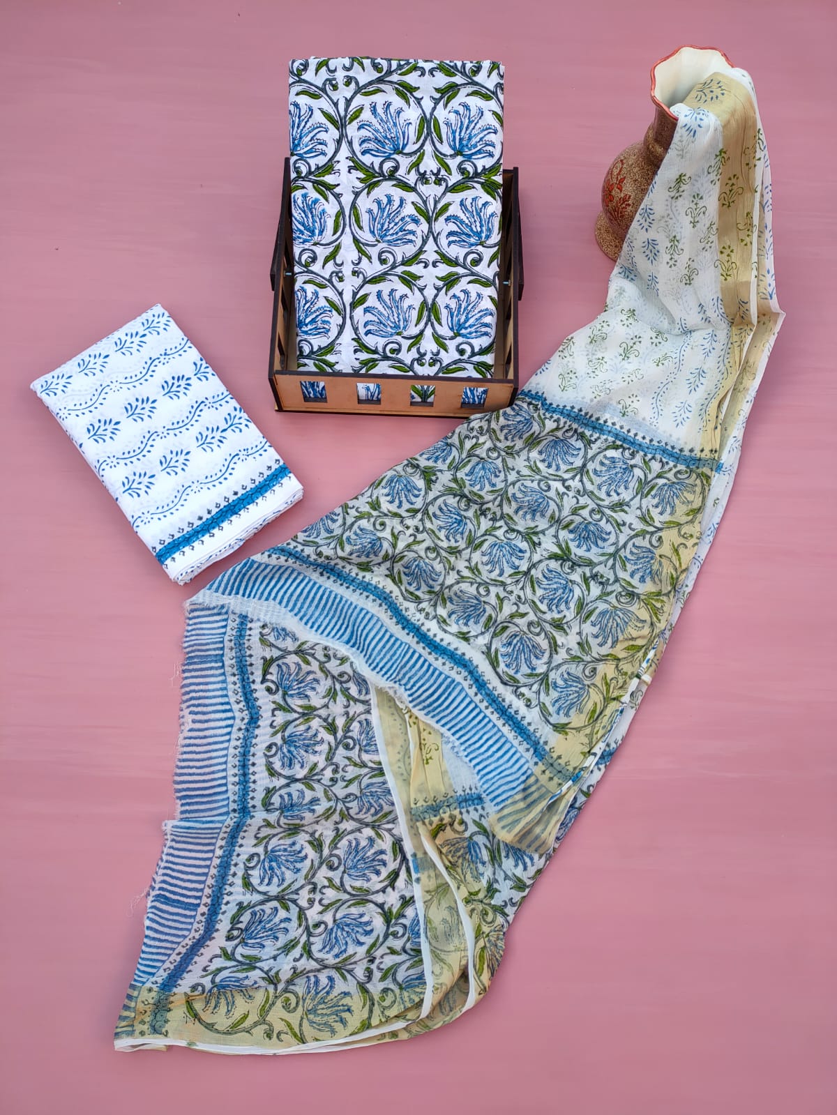 Hand Block Printed Unstitched Cotton Suit Set With Chiffon Dupatta - JB622