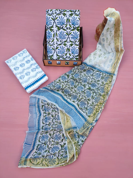 Hand Block Printed Unstitched Cotton Suit Set With Chiffon Dupatta - JB622