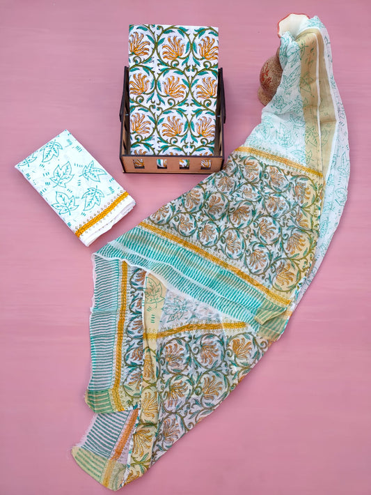 Jaipuri Hand Block Printed CottonUnstitched Salwar Suit with Chiffon Dupatta - JB623
