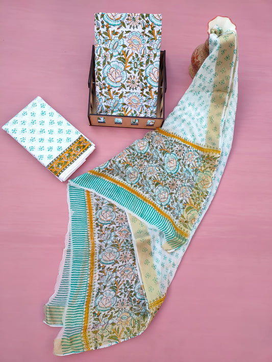 Jaipuri Unstitched Dress Material Hand Block Printed Cotton Suit With Chiffon Dupatta - JB624