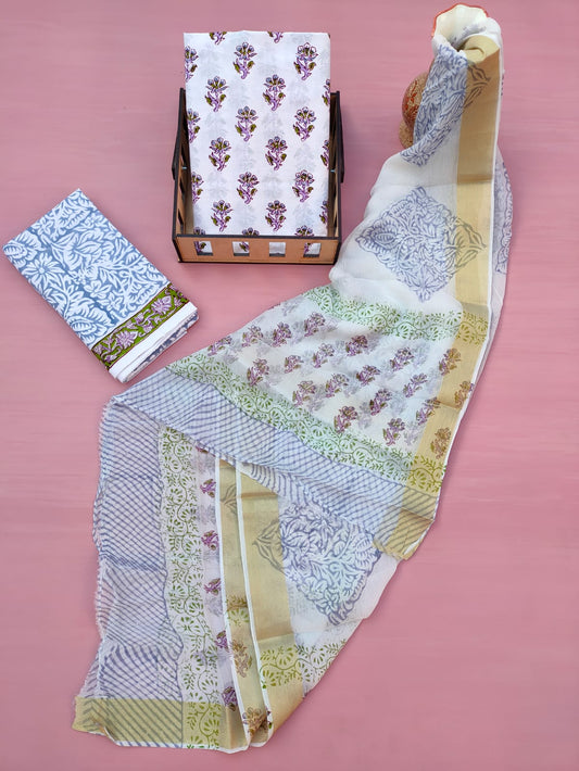 Hand Block Printed Unstitched Cotton Suit Set With Chiffon Dupatta - JB625