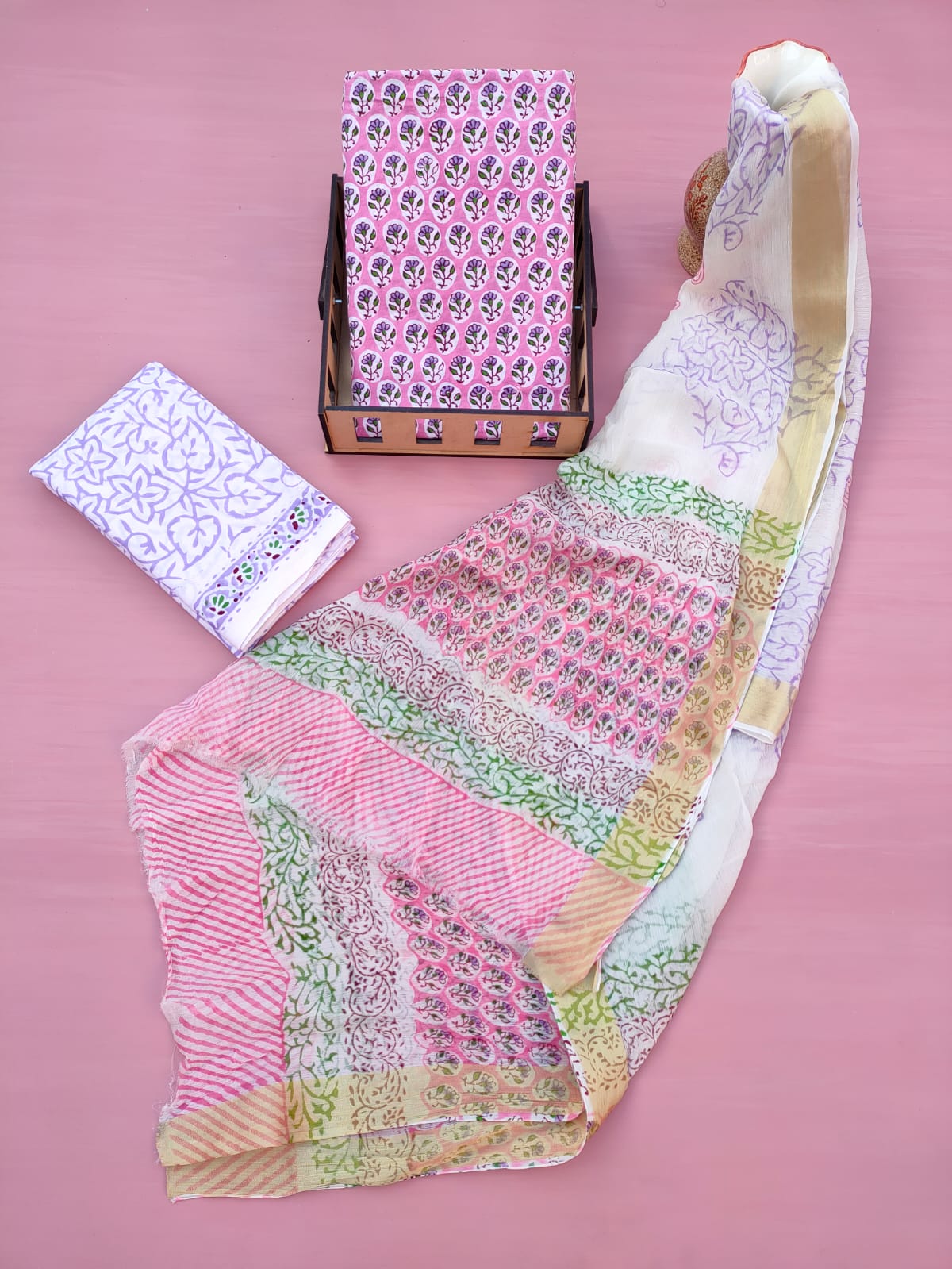 Jaipuri Hand Block Printed CottonUnstitched Salwar Suit with Chiffon Dupatta - JB626
