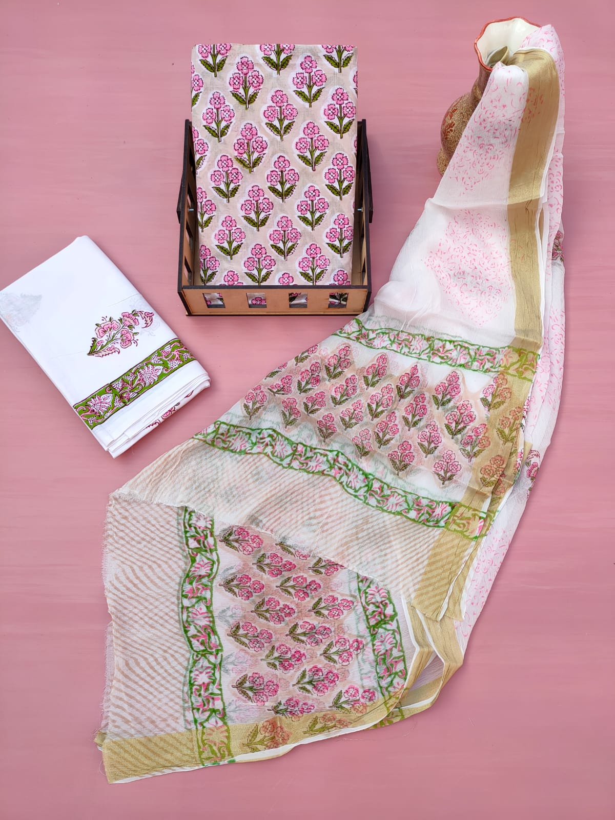 Jaipuri Unstitched Dress Material Hand Block Printed Cotton Suit With Chiffon Dupatta - JB627
