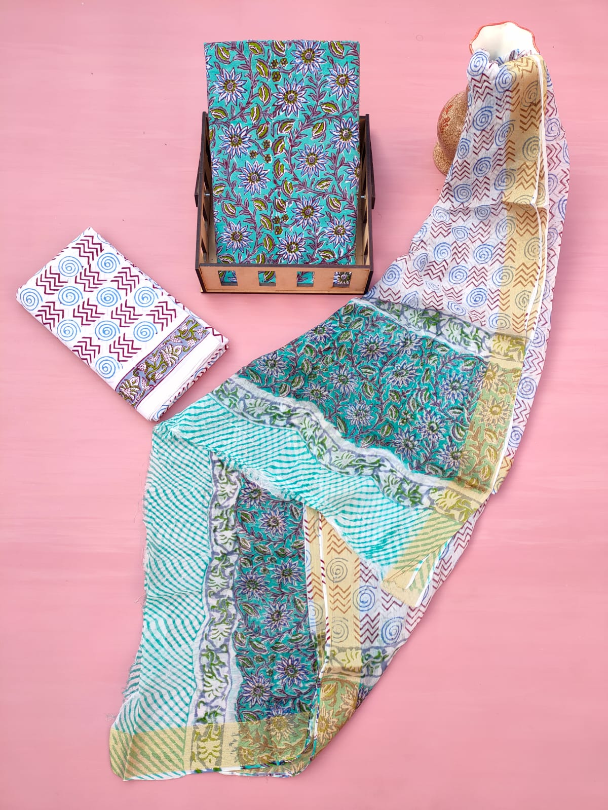 Hand Block Printed Unstitched Cotton Suit Set With Chiffon Dupatta - JB628