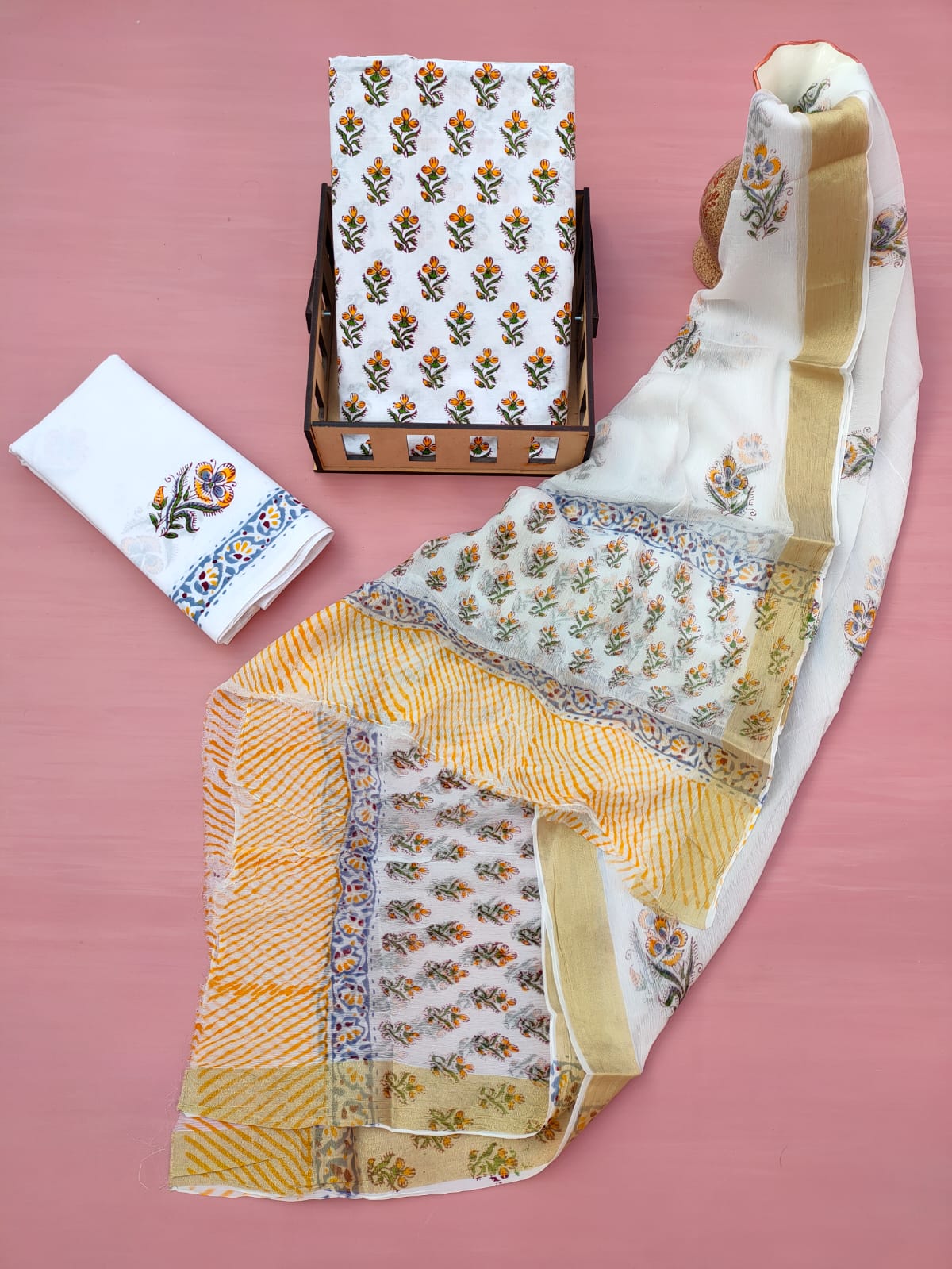 Jaipuri Hand Block Printed CottonUnstitched Salwar Suit with Chiffon Dupatta - JB629