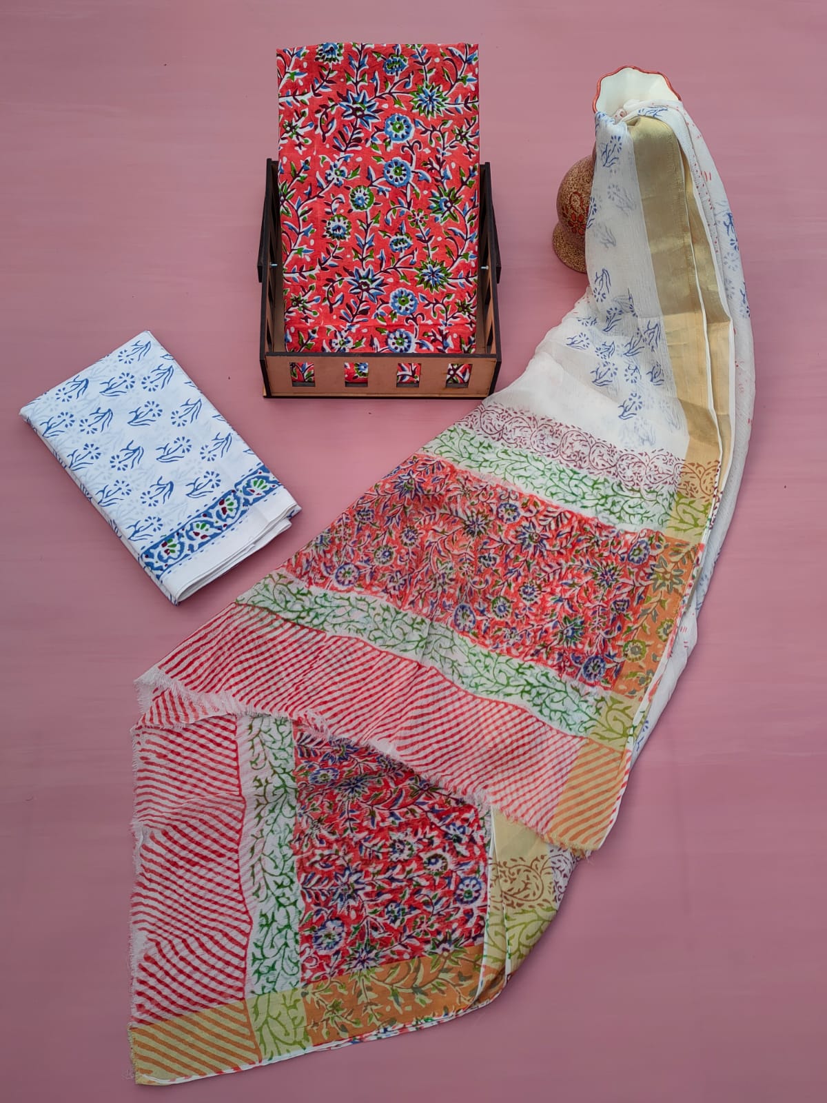 Jaipuri Unstitched Dress Material Hand Block Printed Cotton Suit With Chiffon Dupatta - JB603