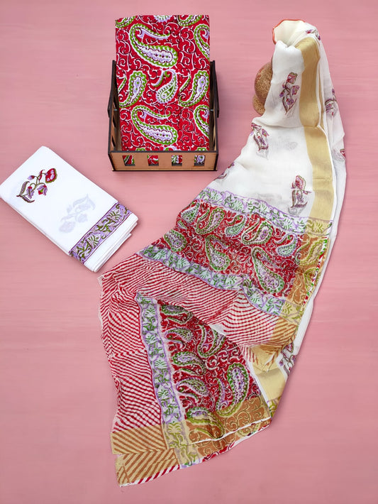Jaipuri Unstitched Dress Material Hand Block Printed Cotton Suit With Chiffon Dupatta - JB630