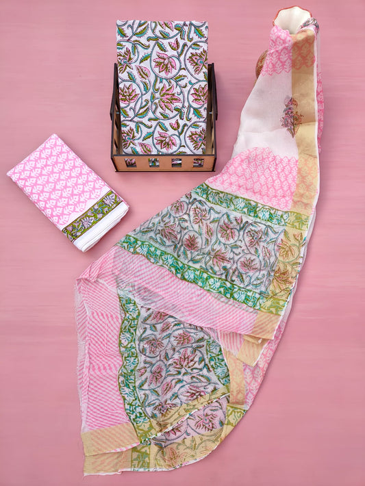 Hand Block Printed Unstitched Cotton Suit Set With Chiffon Dupatta - JB631