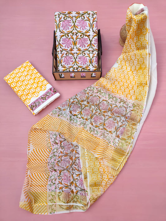 Jaipuri Hand Block Printed CottonUnstitched Salwar Suit with Chiffon Dupatta - JB632