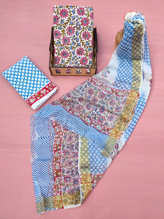 Jaipuri Unstitched Dress Material Hand Block Printed Cotton Suit With Chiffon Dupatta - JB633