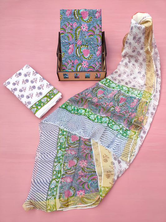 Hand Block Printed Unstitched Cotton Suit Set With Chiffon Dupatta - JB634