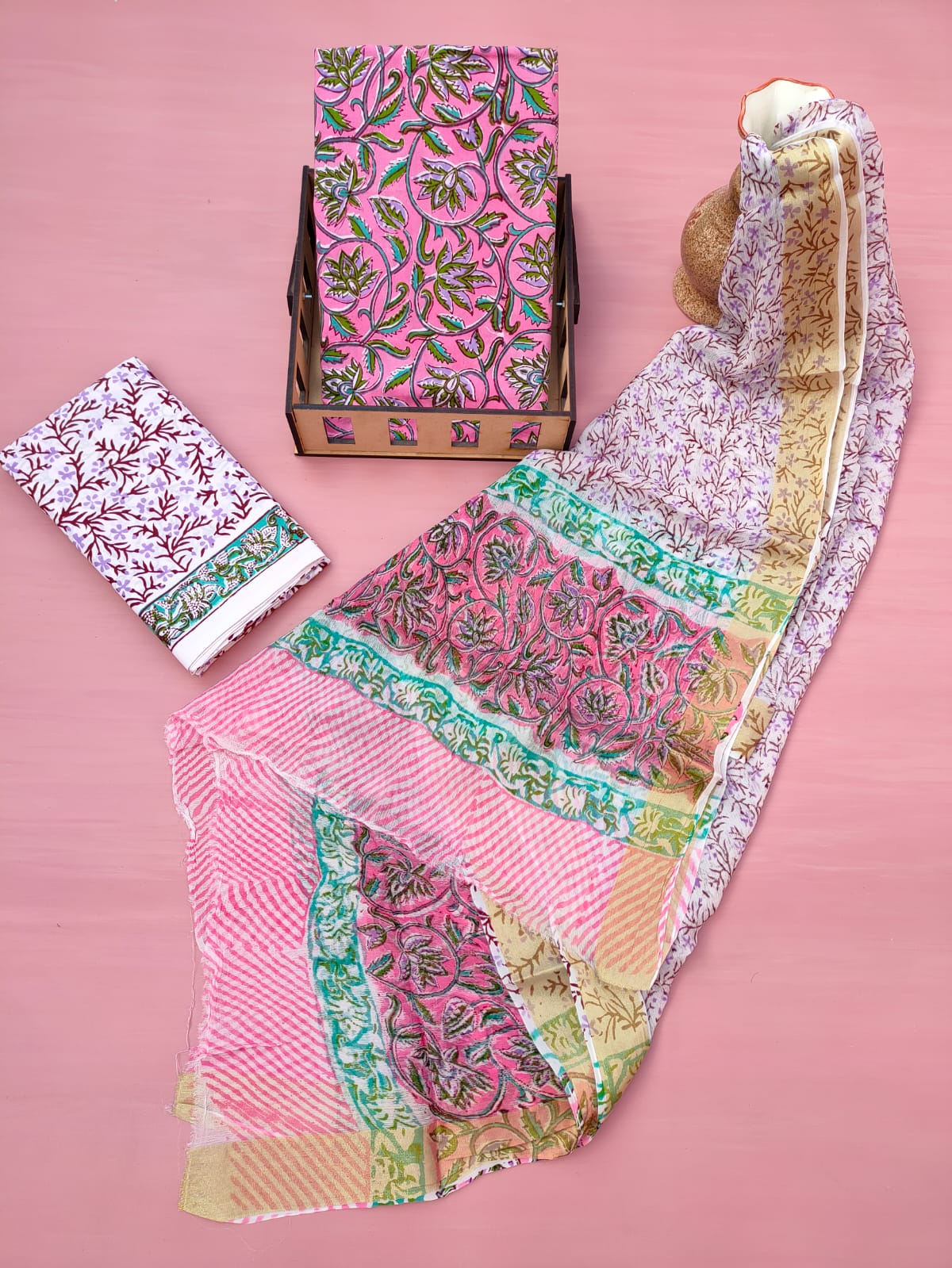 Jaipuri Hand Block Printed CottonUnstitched Salwar Suit with Chiffon Dupatta - JB635