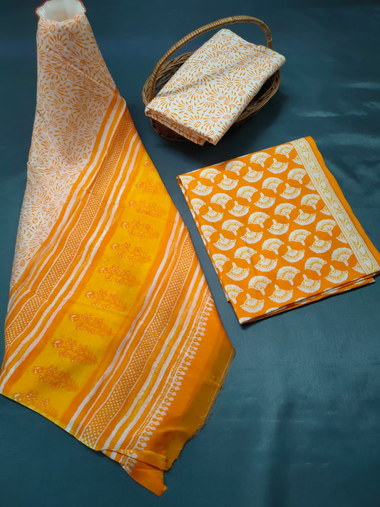 Jaipuri Unstitched Dress Material Hand Block Printed Cotton Suit With Chiffon Dupatta - JB636