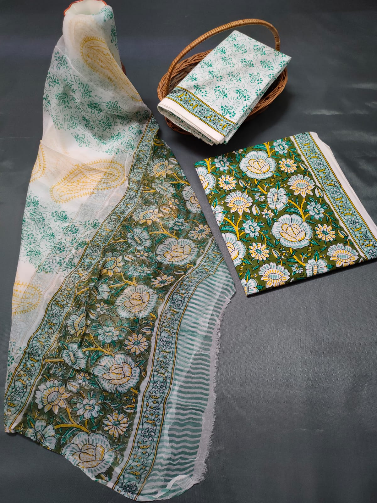 Hand Block Printed Unstitched Cotton Suit Set With Chiffon Dupatta - JB637