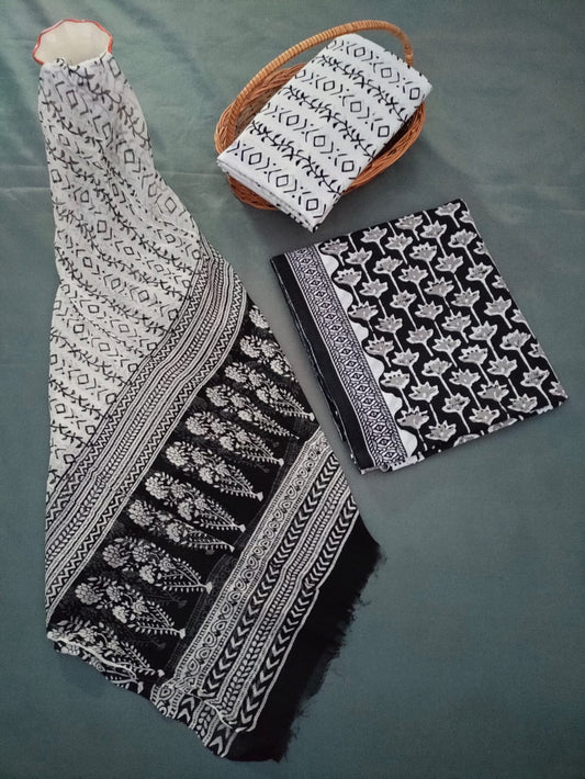 Jaipuri Hand Block Printed CottonUnstitched Salwar Suit with Chiffon Dupatta - JB638