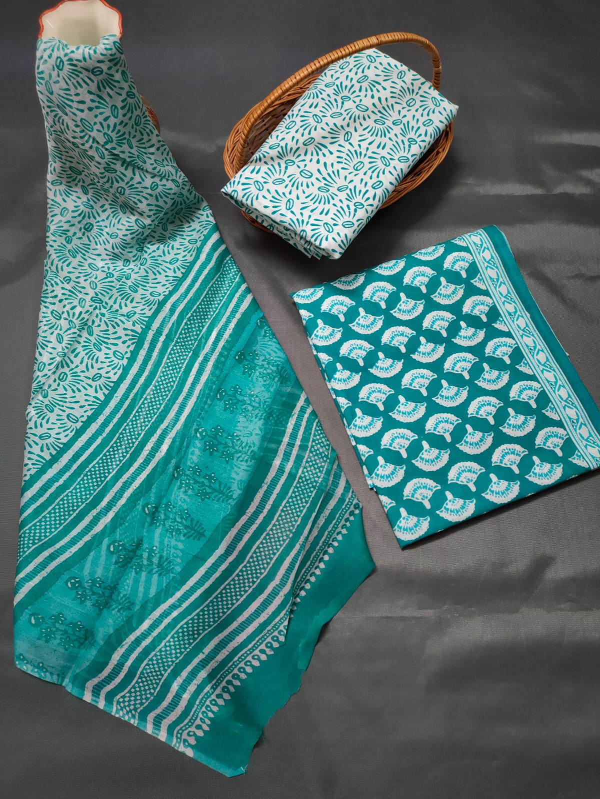 Jaipuri Unstitched Dress Material Hand Block Printed Cotton Suit With Chiffon Dupatta - JB639