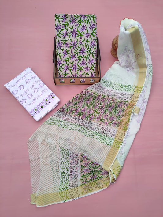 Hand Block Printed Unstitched Cotton Suit Set With Chiffon Dupatta - JB604