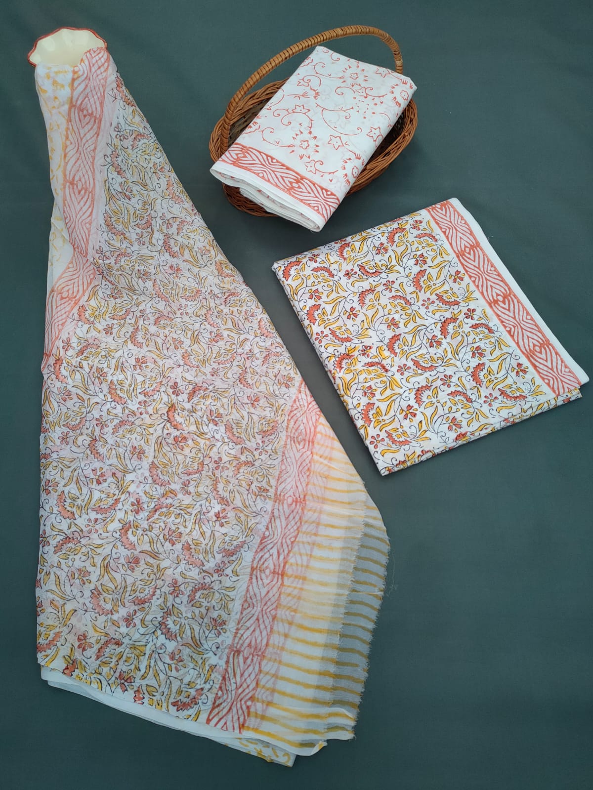 Hand Block Printed Unstitched Cotton Suit Set With Chiffon Dupatta - JB640