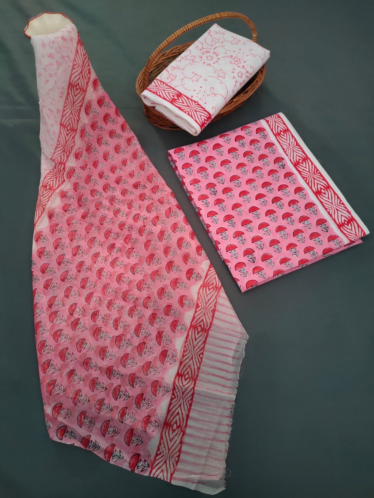 Jaipuri Hand Block Printed CottonUnstitched Salwar Suit with Chiffon Dupatta - JB641