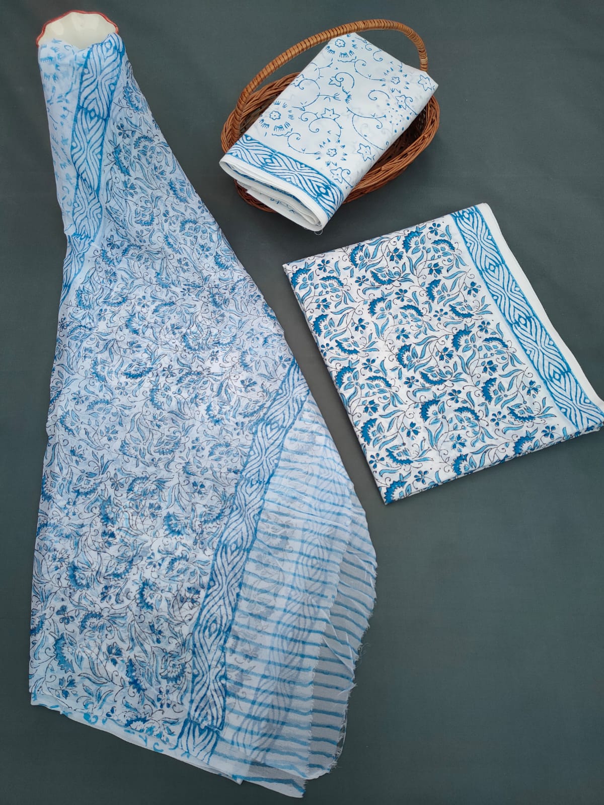 Jaipuri Unstitched Dress Material Hand Block Printed Cotton Suit With Chiffon Dupatta - JB642