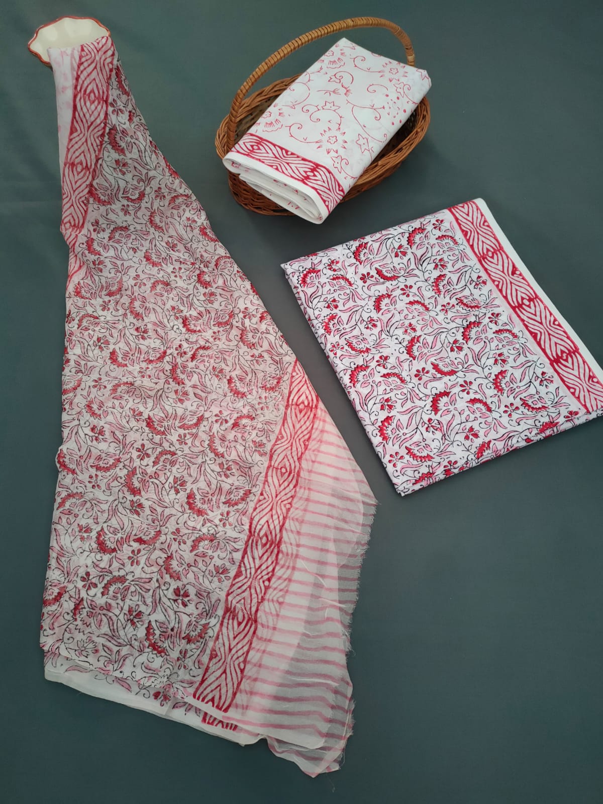 Hand Block Printed Unstitched Cotton Suit Set With Chiffon Dupatta - JB643