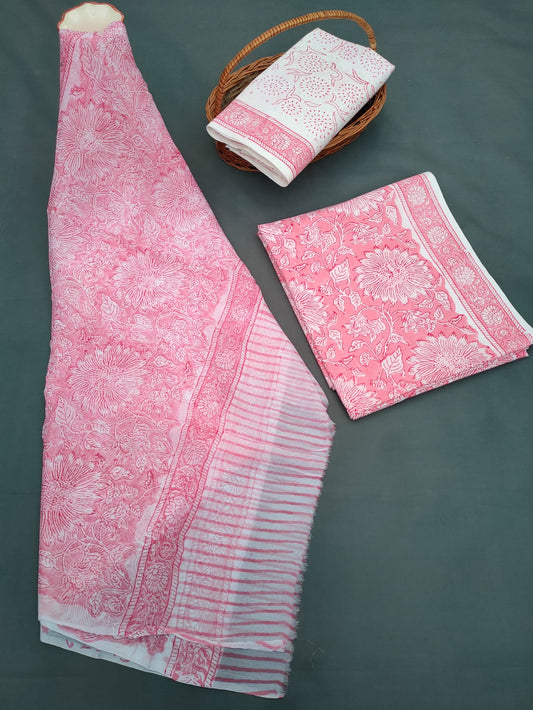 Jaipuri Hand Block Printed CottonUnstitched Salwar Suit with Chiffon Dupatta - JB644