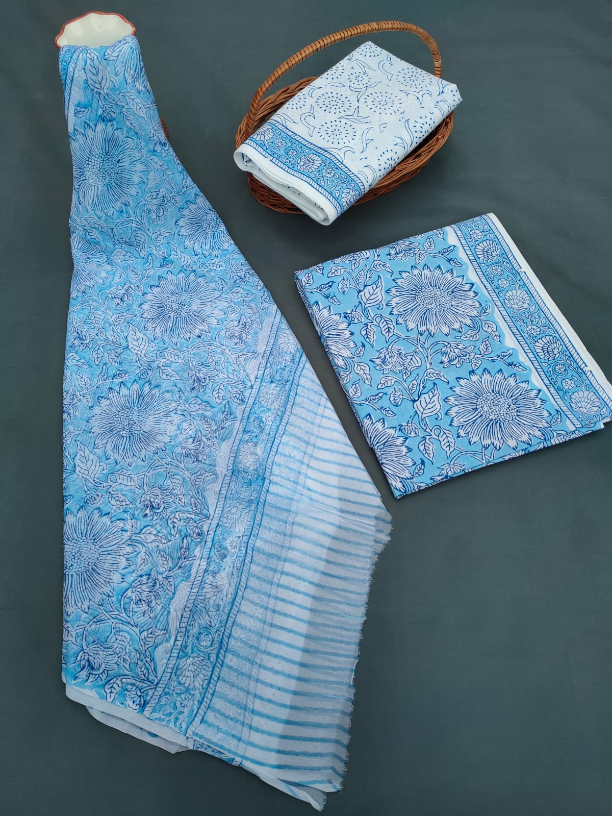 Jaipuri Unstitched Dress Material Hand Block Printed Cotton Suit With Chiffon Dupatta - JB645