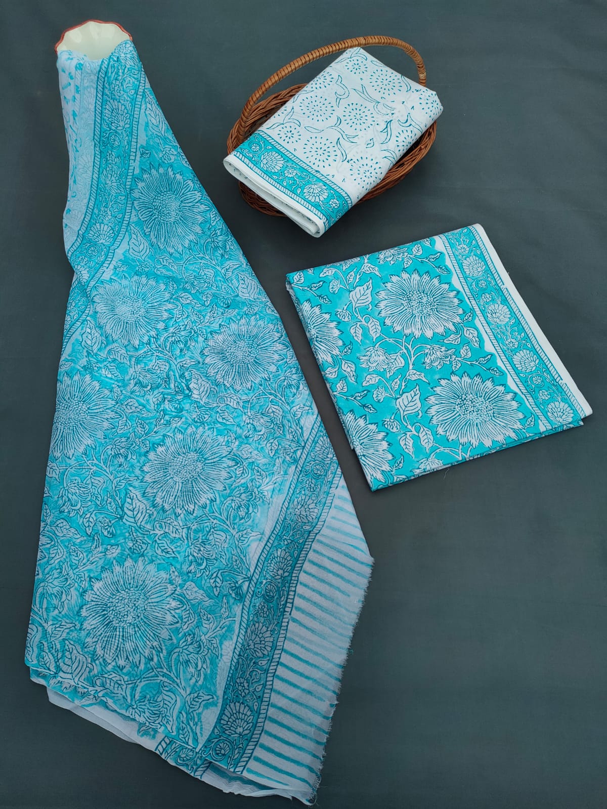 Hand Block Printed Unstitched Cotton Suit Set With Chiffon Dupatta - JB646