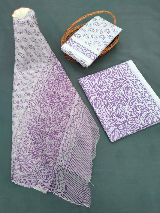 Jaipuri Hand Block Printed CottonUnstitched Salwar Suit with Chiffon Dupatta - JB647