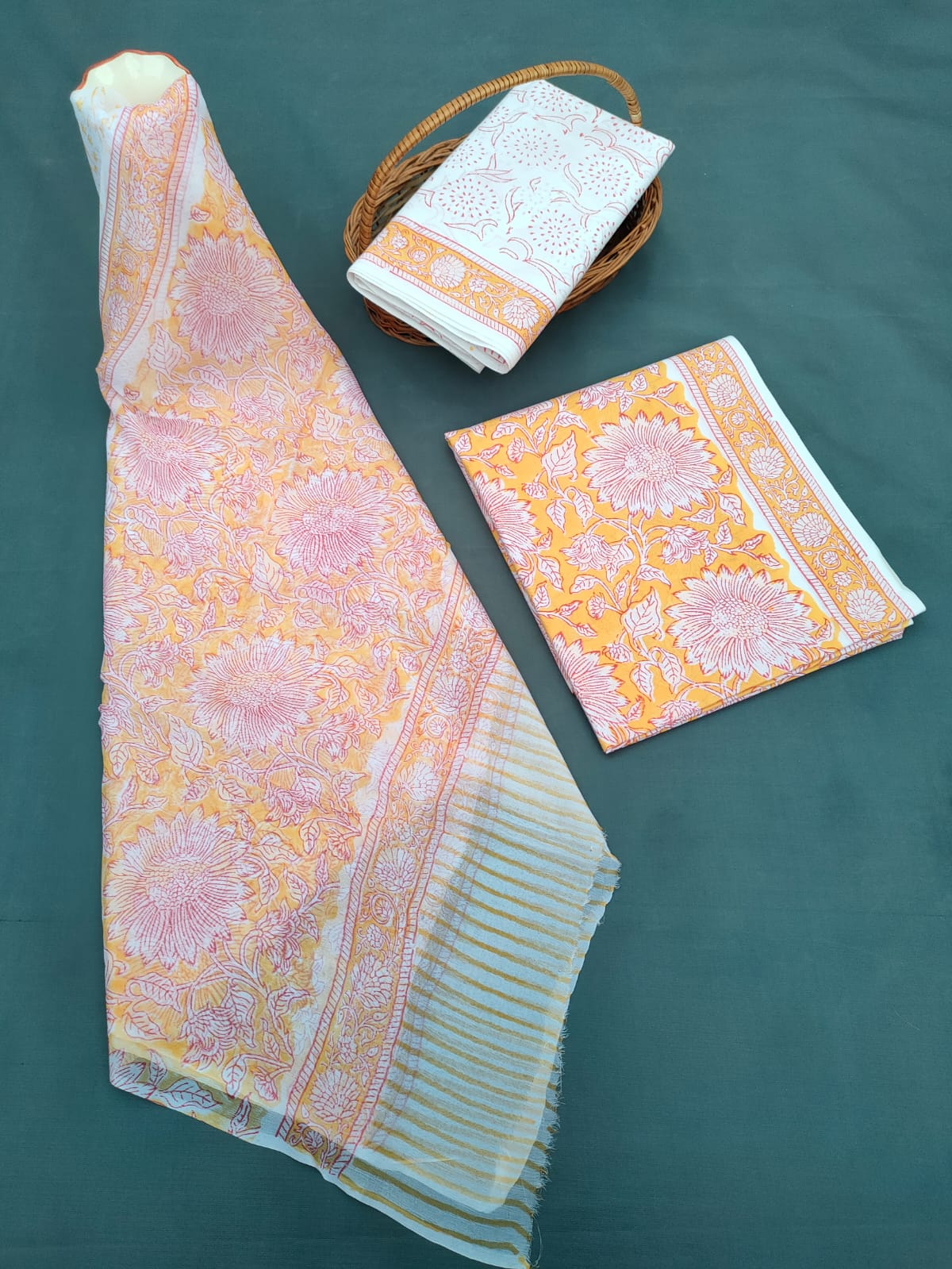 Hand Block Printed Unstitched Cotton Suit Set With Chiffon Dupatta - JB649