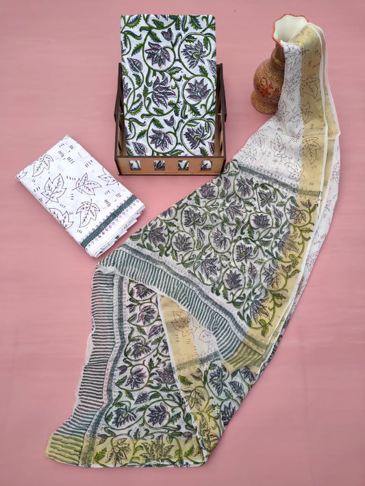 Jaipuri Hand Block Printed CottonUnstitched Salwar Suit with Chiffon Dupatta - JB605