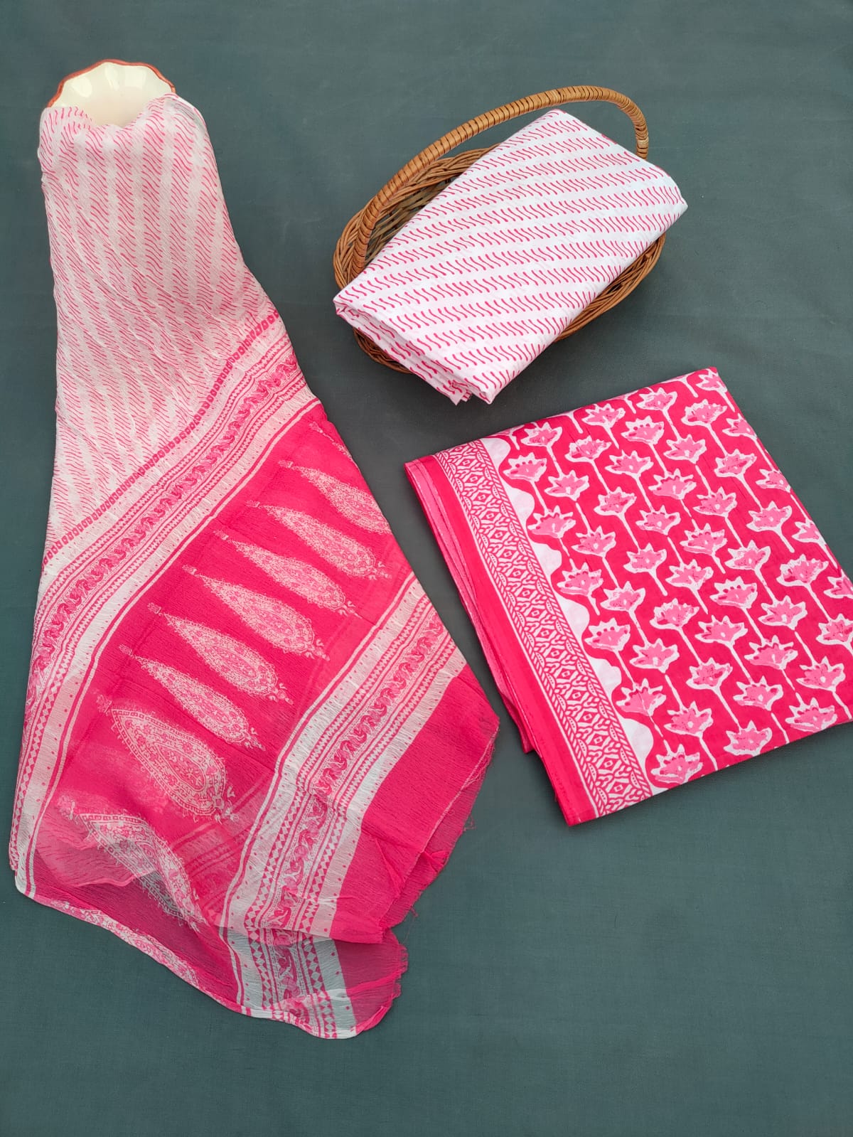 Jaipuri Hand Block Printed CottonUnstitched Salwar Suit with Chiffon Dupatta - JB650