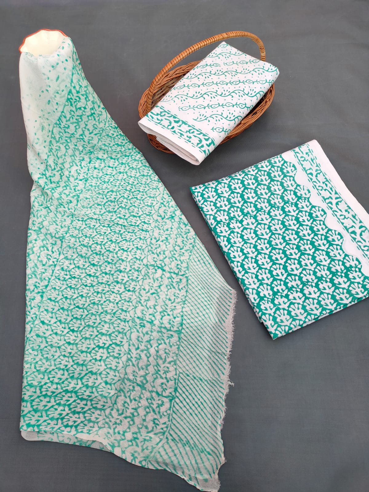 Jaipuri Unstitched Dress Material Hand Block Printed Cotton Suit With Chiffon Dupatta - JB651