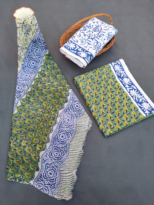 Jaipuri Unstitched Dress Material Hand Block Printed Cotton Suit With Chiffon Dupatta - JB654