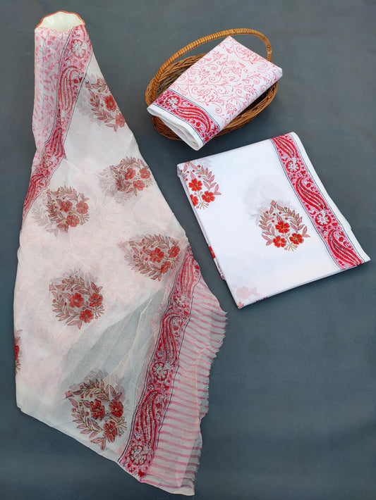 Hand Block Printed Unstitched Cotton Suit Set With Chiffon Dupatta - JB655