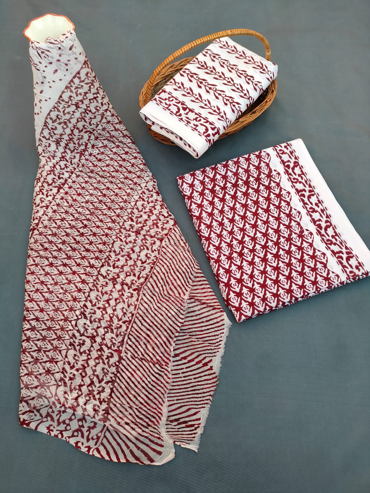 Jaipuri Unstitched Dress Material Hand Block Printed Cotton Suit With Chiffon Dupatta - JB657