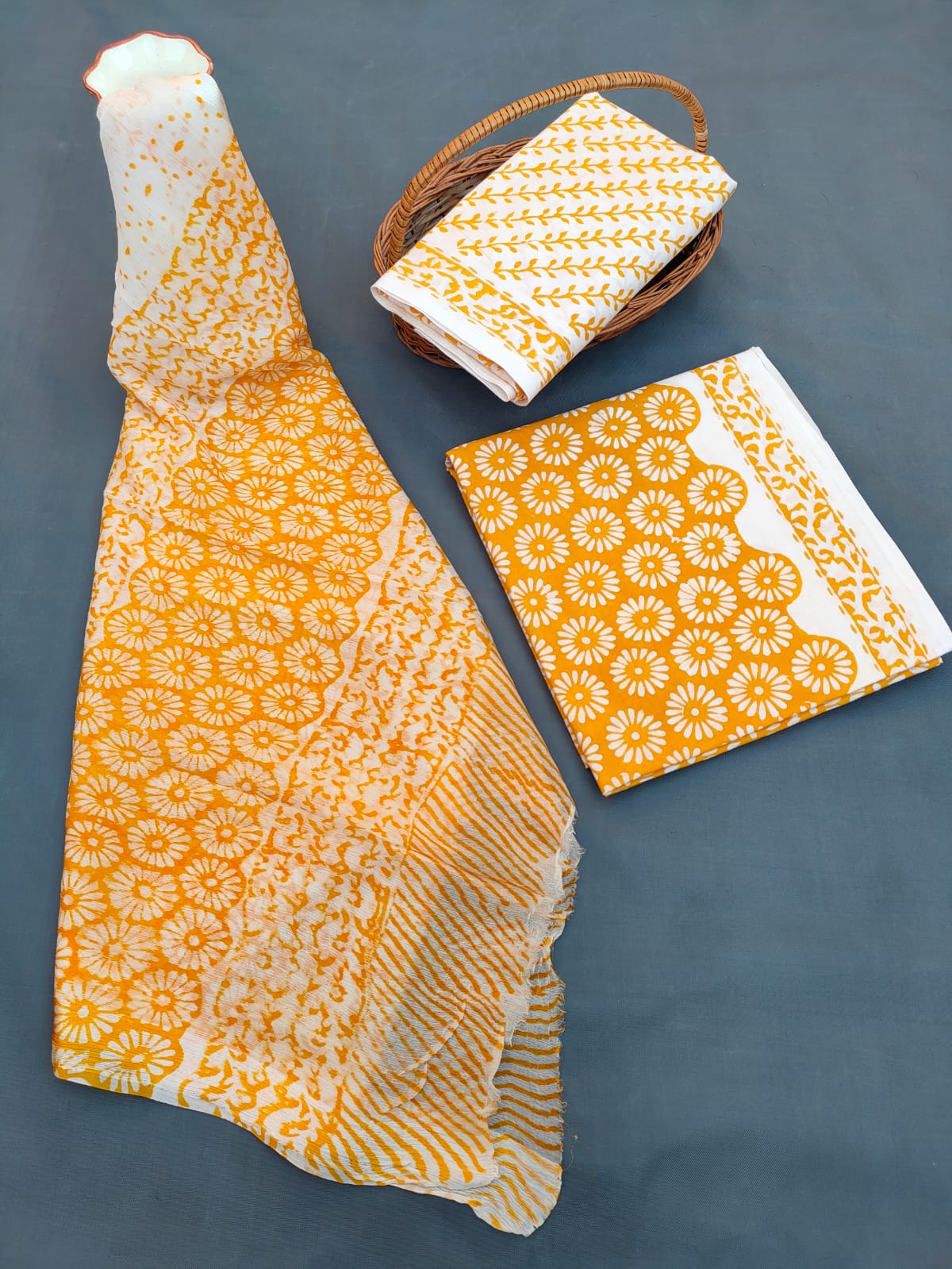 Hand Block Printed Unstitched Cotton Suit Set With Chiffon Dupatta - JB658