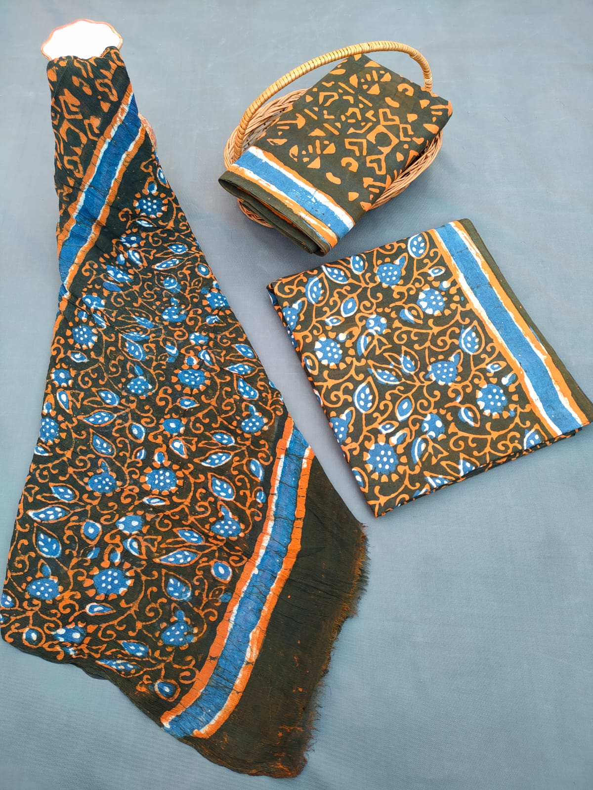 Jaipuri Hand Block Printed CottonUnstitched Salwar Suit with Chiffon Dupatta - JB659