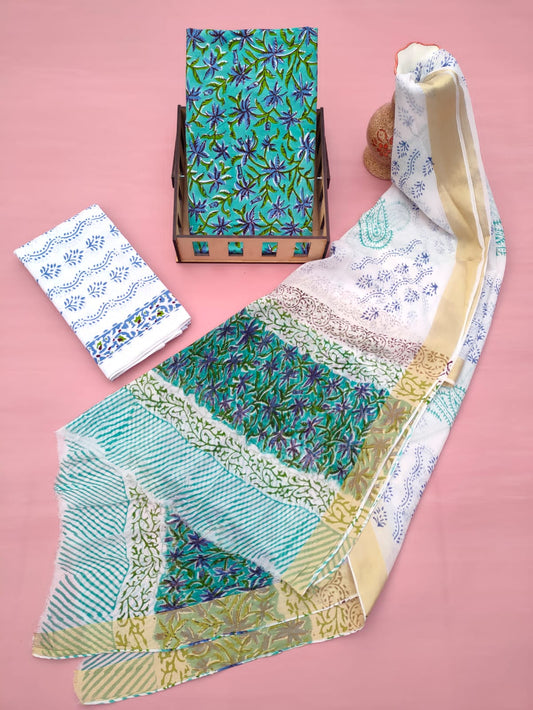 Jaipuri Unstitched Dress Material Hand Block Printed Cotton Suit With Chiffon Dupatta - JB606