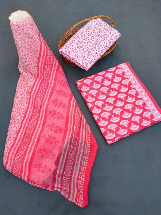 Hand Block Printed Unstitched Cotton Suit Set With Chiffon Dupatta - JB661