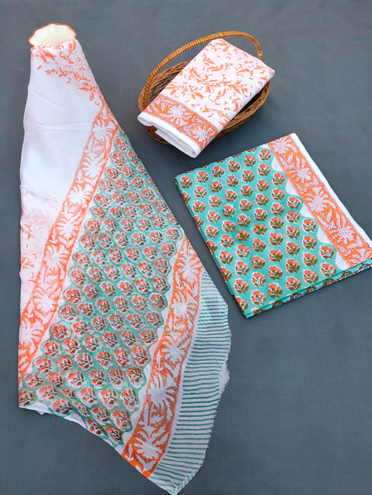 Jaipuri Hand Block Printed CottonUnstitched Salwar Suit with Chiffon Dupatta - JB662