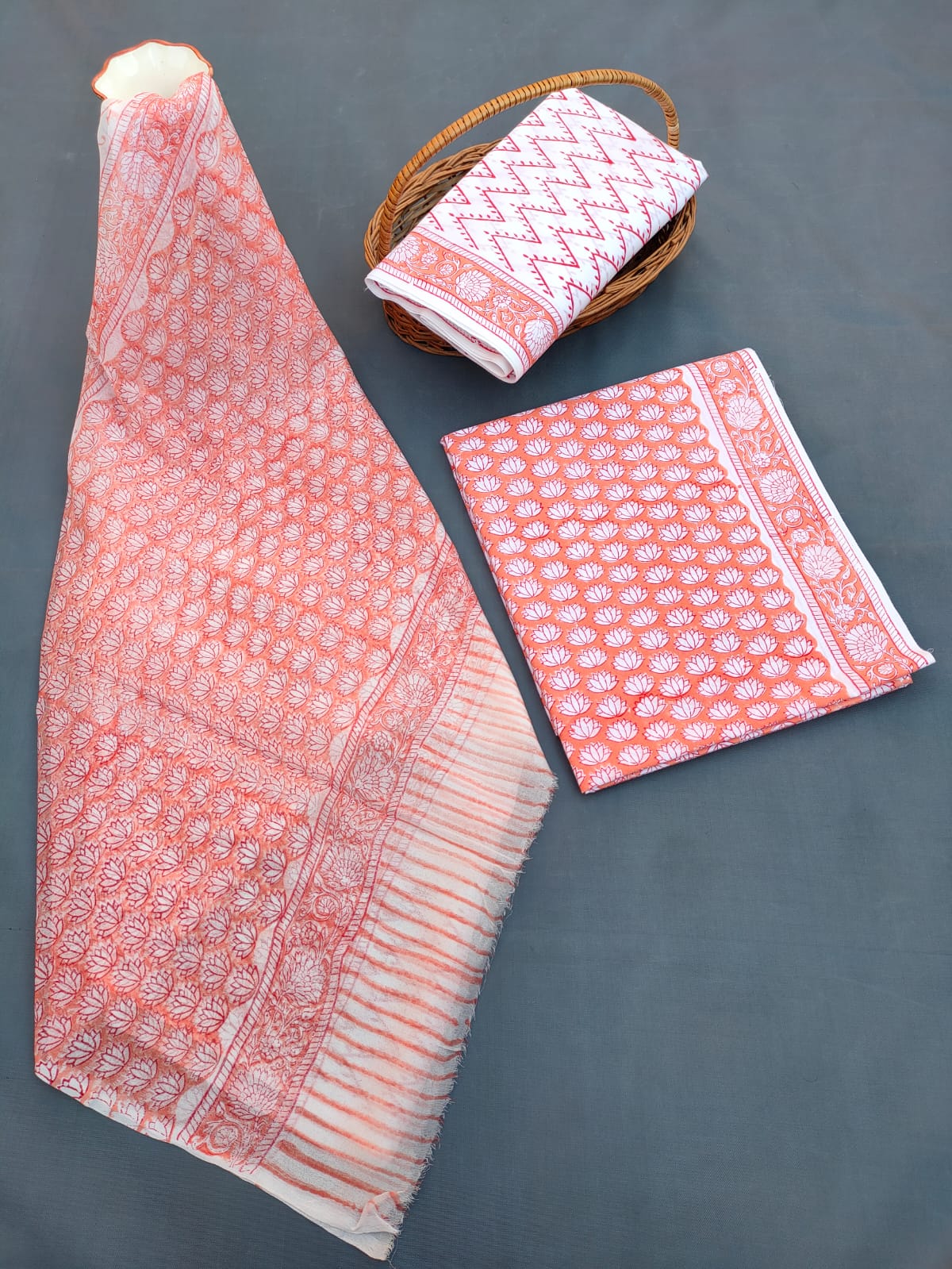 Hand Block Printed Unstitched Cotton Suit Set With Chiffon Dupatta - JB664