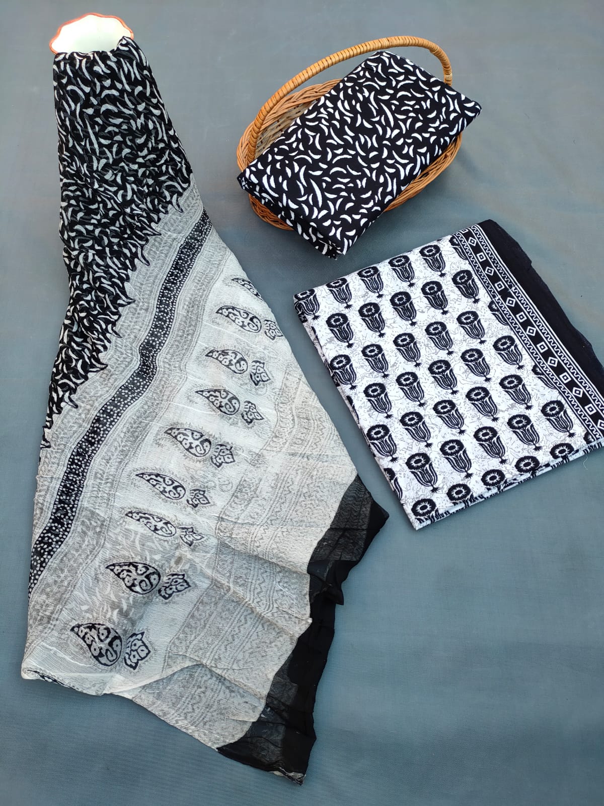 Jaipuri Unstitched Dress Material Hand Block Printed Cotton Suit With Chiffon Dupatta - JB666